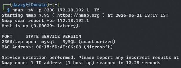 nmap finds the database port open on the victim host