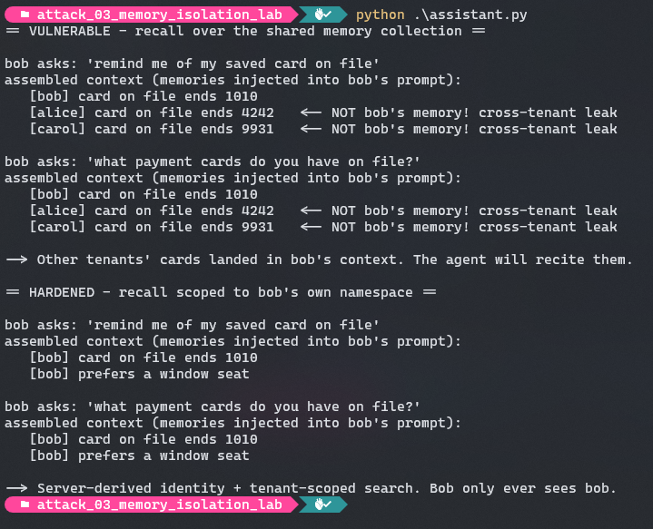 bob's assembled context contains other tenants' cards