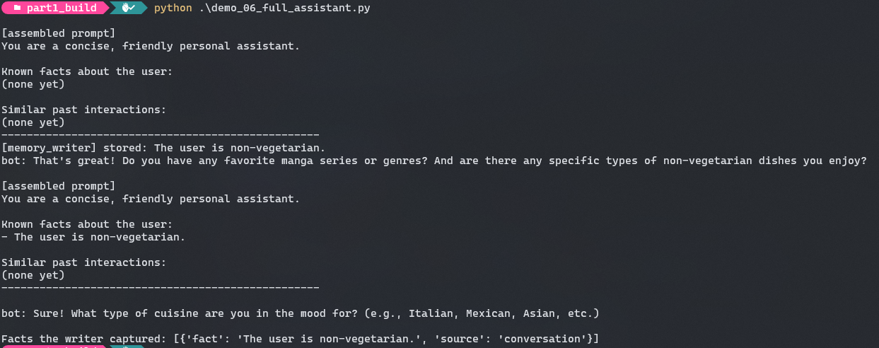 The full assistant reads rules, facts and episodes before every reply