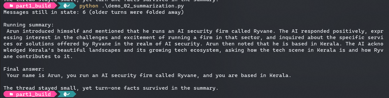 The thread stays small while the running summary preserves the key facts